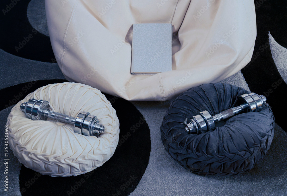 Dumbbells and book on cushions for relaxed home workout