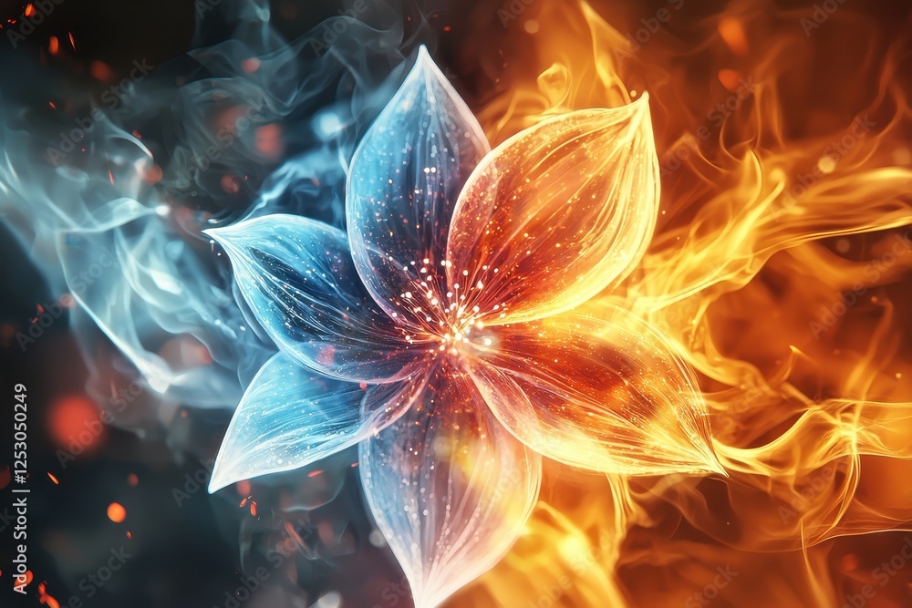 Obraz premium Elegant Visualization of Fire and Ice Merging in Stunning Harmony