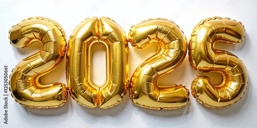 Macro Shot: Golden 2025 Foil Balloons, Isolated on Background Macro Shot: Golden 2025 Foil Balloons, Isolated on Background