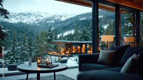 Cozy cabin living room, snowy mountain view, evening ambiance, relaxation