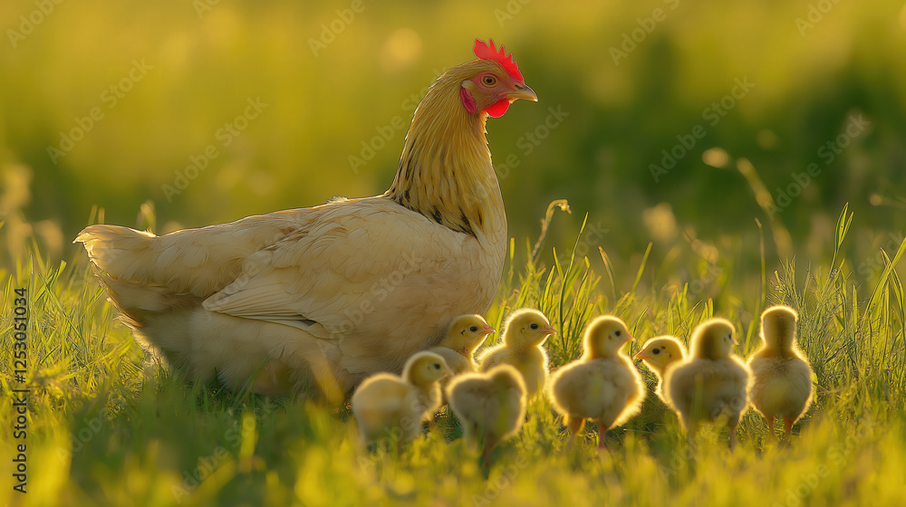 Amidst a vibrant green meadow, a hen carefully guides her adorable flock of chicks. The warm sunlight illuminates the scene, highlighting their playful interaction and natural setting Amidst a vibrant green meadow, a hen carefully guides her adorable flock of chicks. The warm sunlight illuminates the scene, highlighting their playful interaction and natural setting