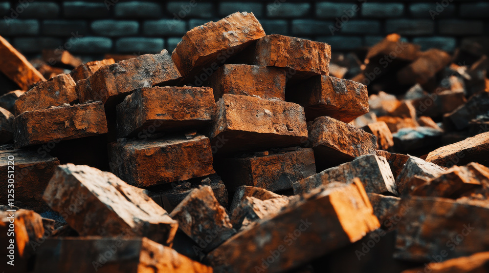 Piled bricks in construction site, showcasing heavy industry style with rustic texture and warm lighting. scene evokes sense of raw material and industrial strength Piled bricks in construction site, showcasing heavy industry style with rustic texture and warm lighting. scene evokes sense of raw material and industrial strength