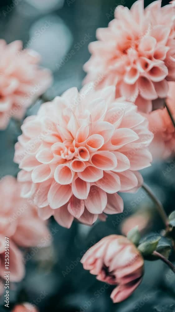 Pink dahlia blooming gently, soft petals unfurling in sunlit garden, radiating serene botanical beauty with delicate natural grace Pink dahlia blooming gently, soft petals unfurling in sunlit garden, radiating serene botanical beauty with delicate natural grace