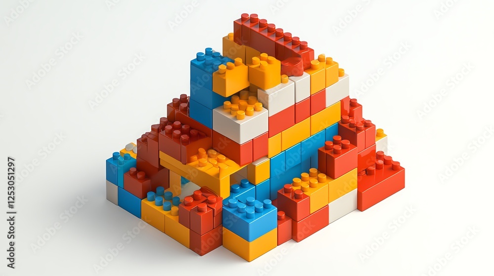 Obraz premium Colorful plastic blocks stacked in a pyramid shape on a white background for creative play.