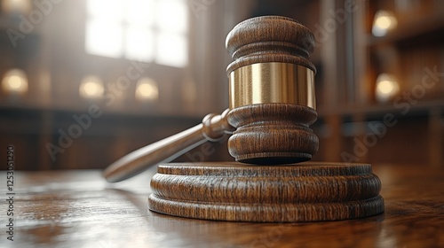 Close-up of a wooden gavel on a polished table in a courtroom with blurred background details