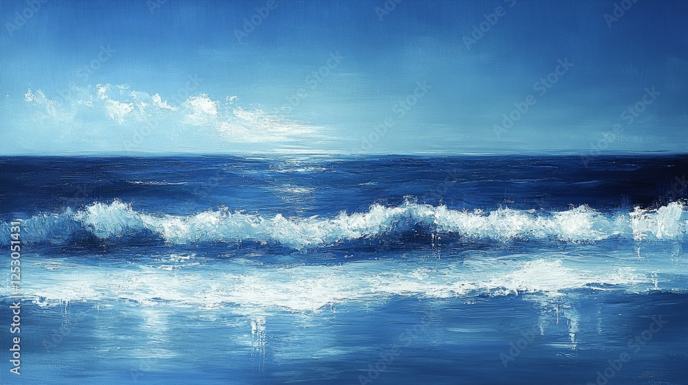 Azure Ocean Canvas, Textured Waves under a Serene Sky in Brushstroke Art Azure Ocean Canvas, Textured Waves under a Serene Sky in Brushstroke Art