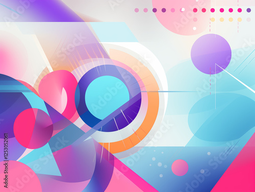 A vibrant abstract design with geometric shapes, circles, and lines. 