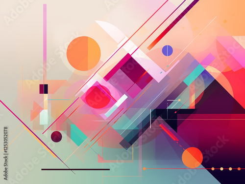 A vibrant abstract design with geometric shapes, circles, and lines. 
