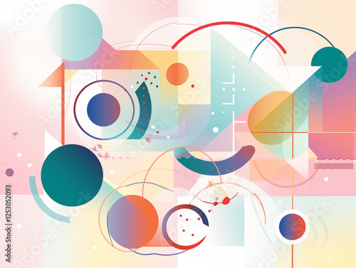 A vibrant abstract design with geometric shapes, circles, and lines. 