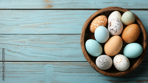 A delightful assortment of vibrant eggs fills a rustic wooden bowl, resting on a textured blue wooden surface. The scene evokes a festive spirit, ideal for spring celebrations