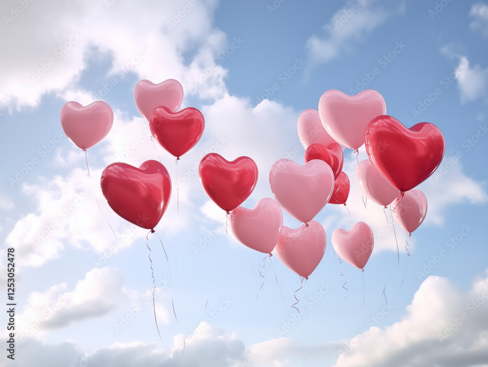 A sky full of heart-shaped balloons in red, pink, and white, creating a dreamy atmosphere for a Valentine's surprise proposal or celebration of love. A sky full of heart-shaped balloons in red, pink, and white, creating a dreamy atmosphere for a Valentine's surprise proposal or celebration of love.