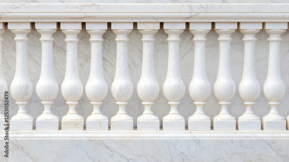 Fototapeta premium horizontal row of white marble guardrail with elegant balusters, showcasing intricate craftsmanship and smooth finish, perfect for architectural designs