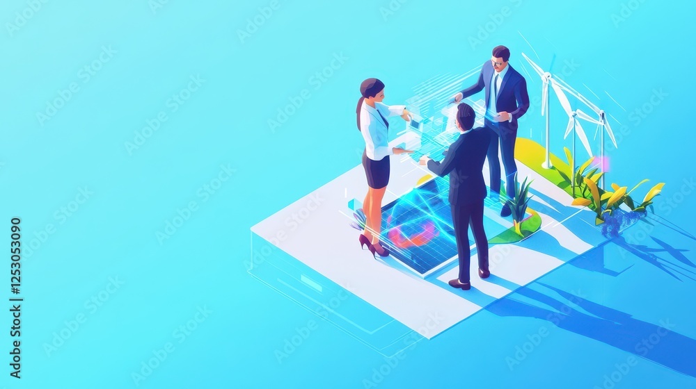 Isometric 3D Low Poly Style Depiction of Business Professionals Engaging with Technology in a Modern Workspace Environment Isometric 3D Low Poly Style Depiction of Business Professionals Engaging with Technology in a Modern Workspace Environment