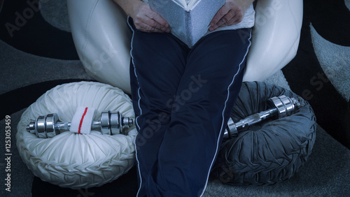 Reading book while exercising with dumbbells at home