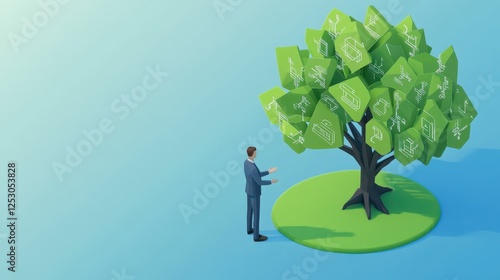 Isometric 3D Low Poly Style Representation of a Businessman Engaging with a Conceptual Green Tree Graphic