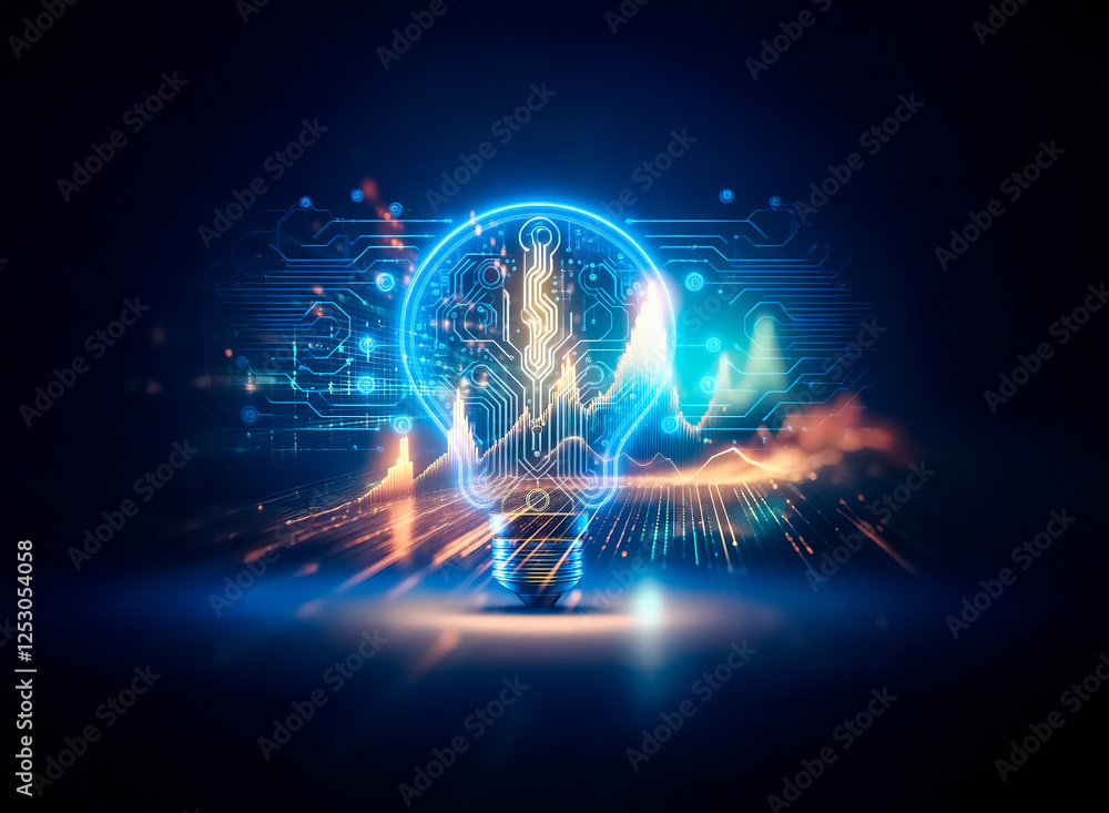 Glowing lightbulb formed from circuit board elements, shining bright against a dark backdrop with digital sparks and futuristic lines. Glowing lightbulb formed from circuit board elements, shining bright against a dark backdrop with digital sparks and futuristic lines.