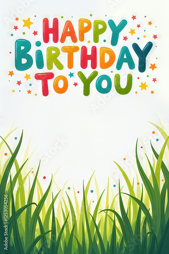 A birthday card featuring Happy Birthday To You in vibrant, colorful letters, surrounded by stars and set against a background of green blades of grass. photo