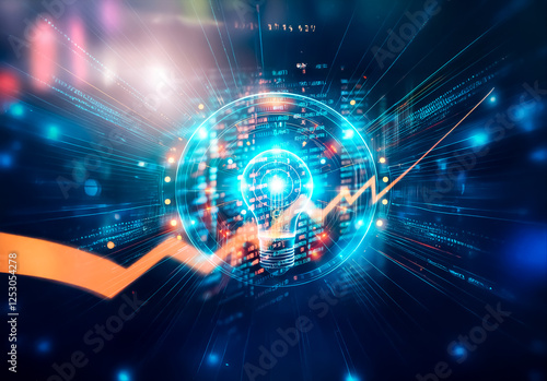 Wallpaper Mural A glowing digital sphere emits radiant lines, accompanied by an ascending graph, symbolizing technological advancement and data connectivity in a futuristic style. Torontodigital.ca