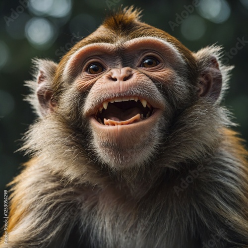 A cartoon-style monkey with a big smile and wide eyes.