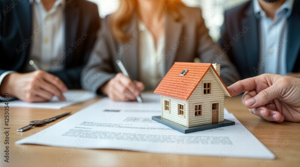 Real estate transaction with three professionals reviewing documents, focus on a miniature house model with a terracotta roof and beige siding, symbolizing property investment and homeownership. Real estate transaction with three professionals reviewing documents, focus on a miniature house model with a terracotta roof and beige siding, symbolizing property investment and homeownership.
