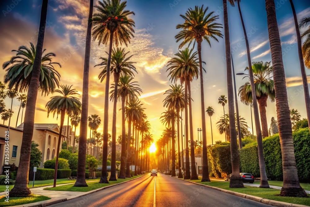 Majestic California Palm Tree Avenue: Iconic Beverly Hills Sunset Majestic California Palm Tree Avenue: Iconic Beverly Hills Sunset