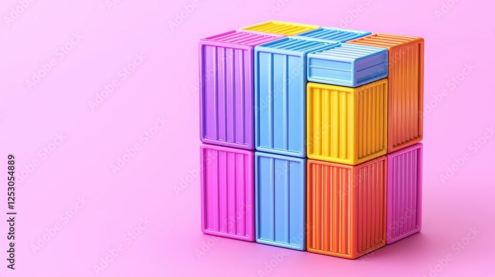 Naklejka premium Colorful plastic building blocks arranged in a playful structure on a pink background.