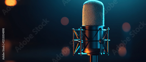 A detailed view of a standing microphone set against a soft focus background, showcasing its metallic structure and acoustic mesh, ideal for music, podcasting, or broadcasting.