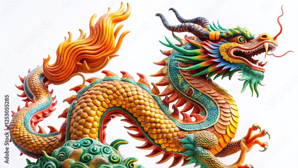 Obraz premium Majestic Chinese Dragon Statue Isolated on White Background - Asian Art, Mythical Creature