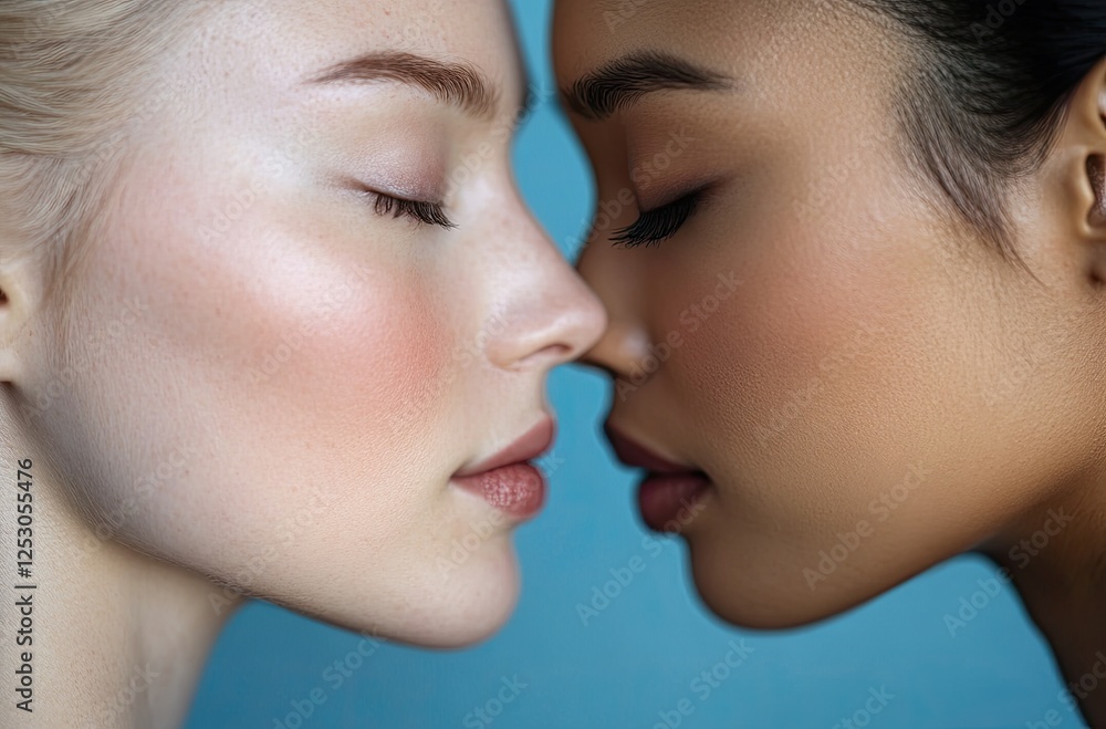 A close-up of two women's faces, one Caucasian and the other Asian, with their eyes closed in deep thought as they touch foreheads against each other on an isolated blue background. A close-up of two women's faces, one Caucasian and the other Asian, with their eyes closed in deep thought as they touch foreheads against each other on an isolated blue background.