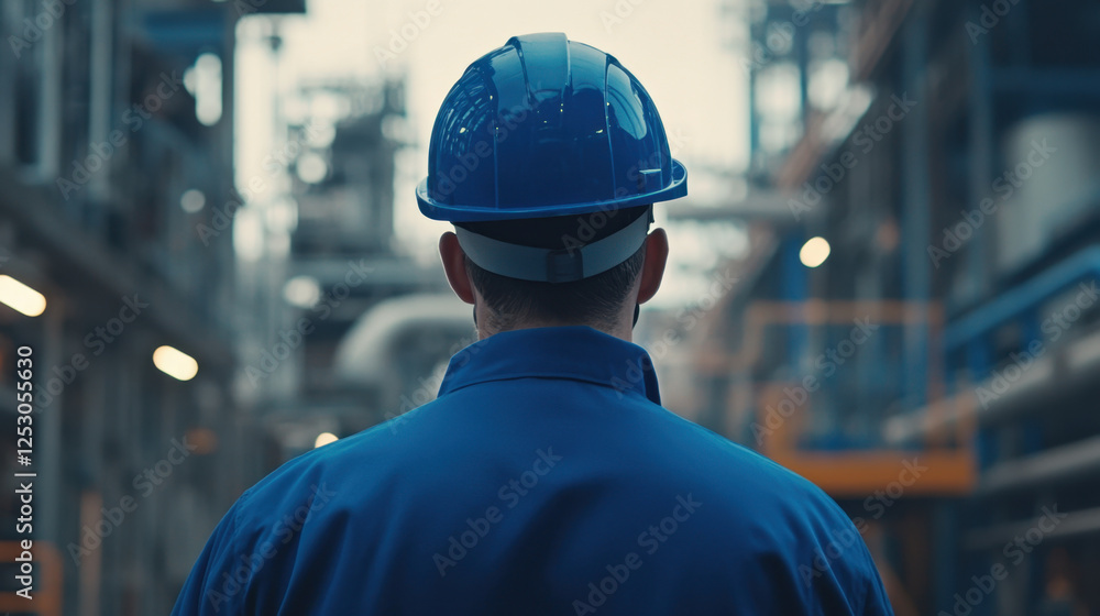 man in blue helmet stands in industrial setting, observing surroundings with focus and determination. environment is filled with machinery and equipment, highlighting work atmosphere man in blue helmet stands in industrial setting, observing surroundings with focus and determination. environment is filled with machinery and equipment, highlighting work atmosphere