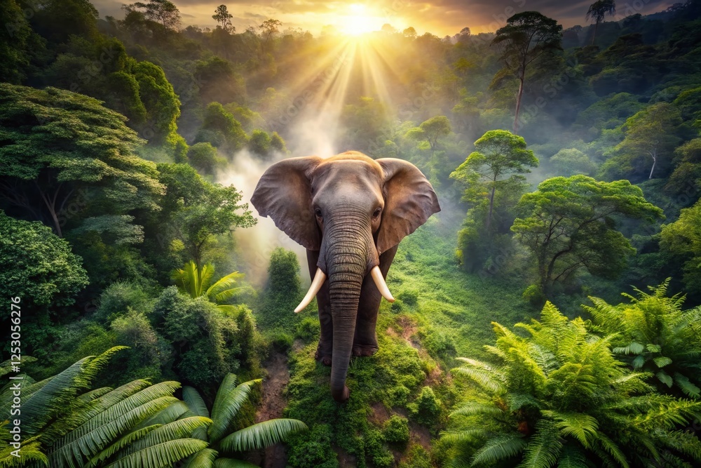 Fototapeta premium Majestic Elephant Emerging from Lush Rainforest - Drone Aerial View