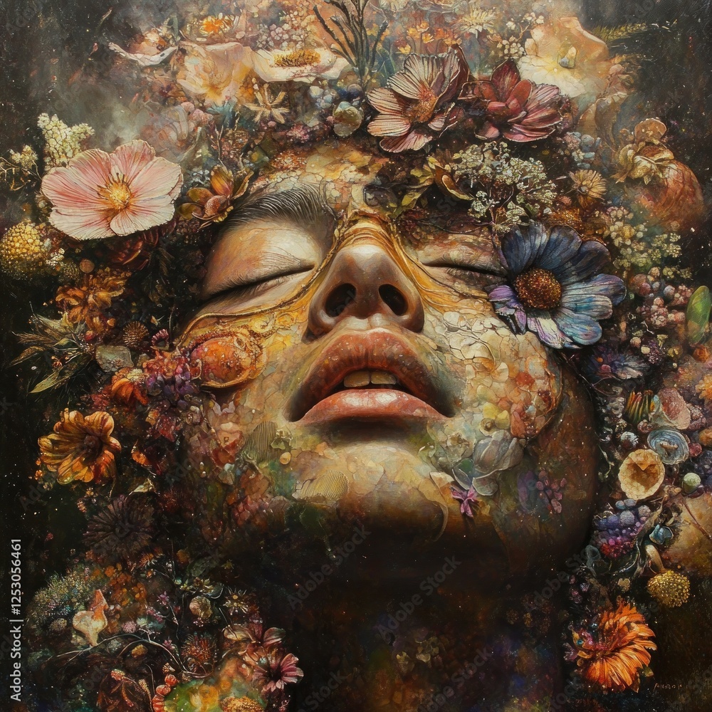 Serene face adorned with flowers, dreamy background, artistic portrait Serene face adorned with flowers, dreamy background, artistic portrait