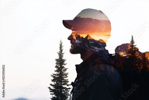 Silhouette of young caucasian male hiker merged with mountain sunset.