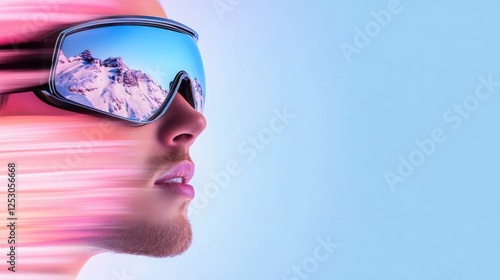 Young caucasian male in ski goggles with mountain reflection and motion blur effect.