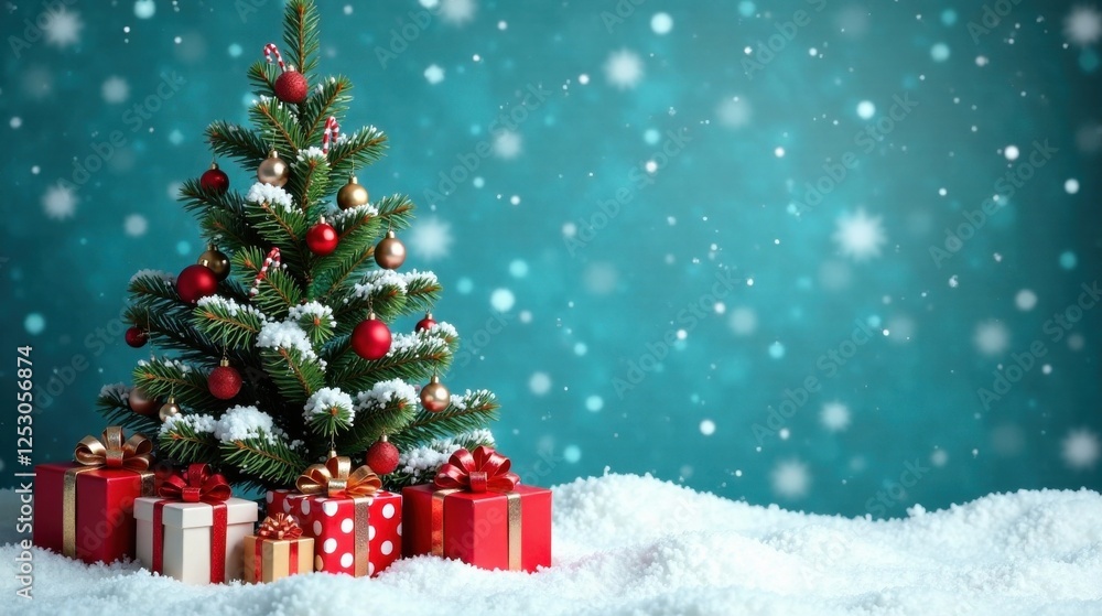 Festive Winter Scene A Snow-Covered Christmas Tree Adorned with Ornaments and Surrounded by Beautifully Wrapped Presents on a Frosty White Landscape Against a Teal Background. Festive Winter Scene A Snow-Covered Christmas Tree Adorned with Ornaments and Surrounded by Beautifully Wrapped Presents on a Frosty White Landscape Against a Teal Background.