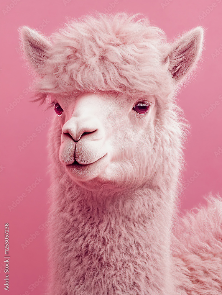 Obraz premium Cute Pink Alpaca Portrait on a Colorful Minimal Background
