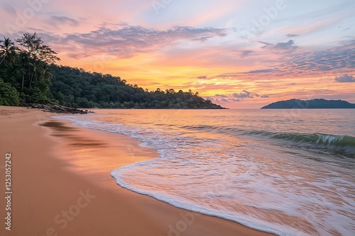 Playa tranquila al atardecer, con las olas rompiendo suavemente sobre la arena dorada. photo