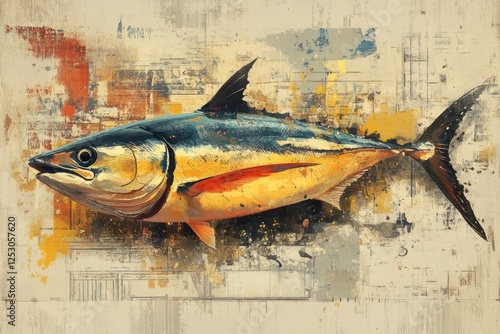 Colorful Artistic Depiction Of A Tuna Fish, Showcasing Vibrant Hues And Abstract Background Elements For Culinary Or Marine Themes. photo