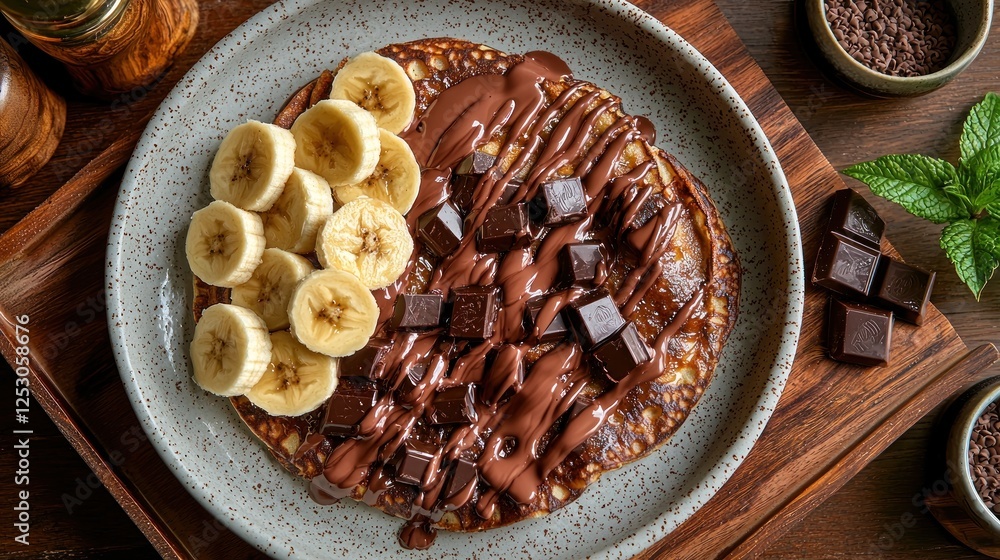 Fototapeta premium Delicious chocolate pancake topped with banana slices and chocolate chunks on a wooden table