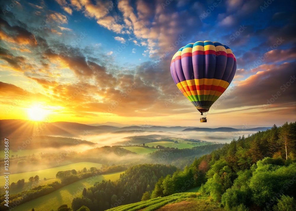 Fototapeta premium Majestic Hot Air Balloon Soaring Over Scenic Landscape - Sunrise Flight