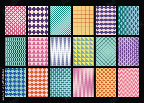 Vector collection of colorful geometric patterns background in a grid format. Modern mosaic texture for textiles, card, banner, poster, branding.