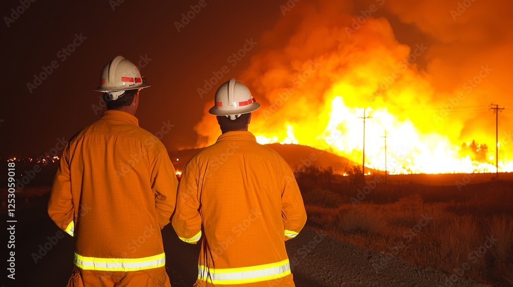 Emergency Response to Wildfire Near Community: Firefighters Monitor Flames and Smoke at Night in Orange Gear Emergency Response to Wildfire Near Community: Firefighters Monitor Flames and Smoke at Night in Orange Gear