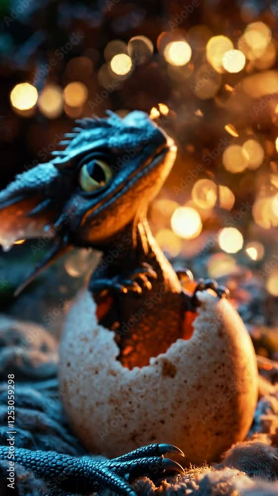 Mythical dragon hatchling emerging from cracked egg, surrounded by warm magical glow, revealing delicate scales and tiny wings against softly blurred background Mythical dragon hatchling emerging from cracked egg, surrounded by warm magical glow, revealing delicate scales and tiny wings against softly blurred background