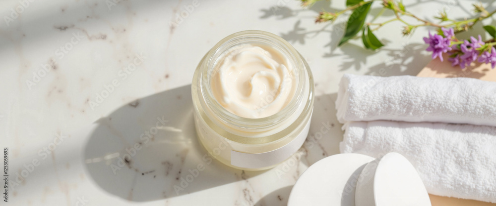 Hydrating face cream on bathroom shelf with flowers, skincare routine Hydrating face cream on bathroom shelf with flowers, skincare routine