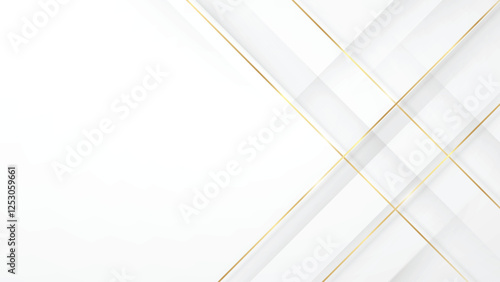 Elegant white background with subtle geometric texture and delicate gold lines forming a sophisticated, minimalist design. Luxury backdrop in 3d paper art style with light and shadow.