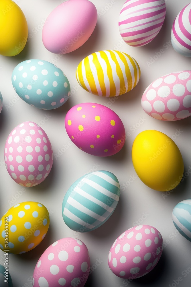 Colorful Easter eggs with unique patterns and designs arranged on a white background. Colorful Easter eggs with unique patterns and designs arranged on a white background.