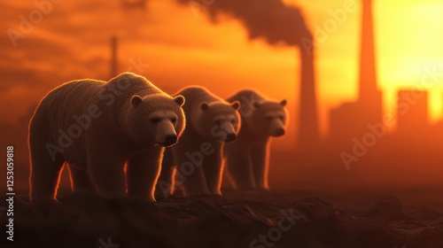 Three polar bears stand against a backdrop of an industrial sunset, highlighting the contrast between wildlife and human impact on nature, conveying a message of environmental urge photo