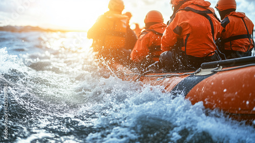 A group of people in orange life jackets float in rubber boats in the sea, with sunlight streaming down.