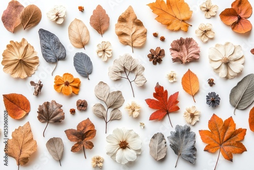 Fototapeta Naklejka Na Ścianę i Meble -  Autumnal arrangement of dried leaves and flowers, showcasing fall colors and textures.