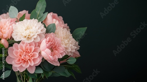 A beautiful arrangement of soft pink and white flowers with lush green leaves against a dark background. Perfect for conveying elegance, beauty, and tranquility in floral designs.